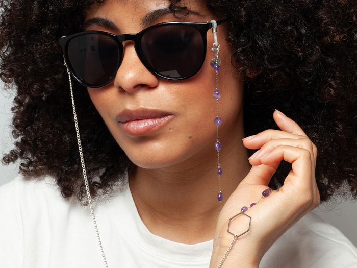 Nicla – Amethyst & Silver Dainty acrylic glasses chain - perfect for wearing with sunglasses and as glasses holder