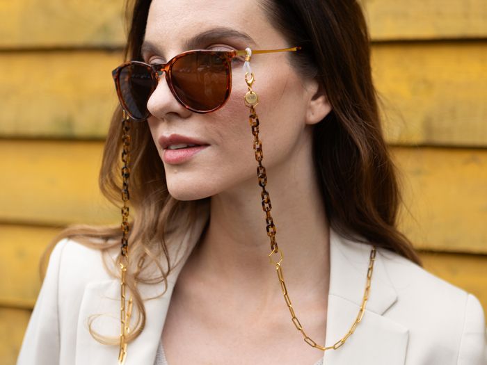 Ginger – Dainty Tortoiseshell & Gold Paperclip small acrylic glasses chain adorned with hexagons - perfect for wearing with sunglasses and as glasses holder
