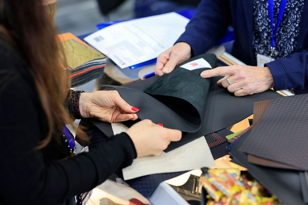 Photo shows fabric on display at the Automotive Interiors Expo