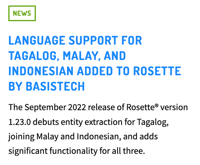 Language Support for Tagalog, Malay, and Indonesian Added to Rosette by BasisTech