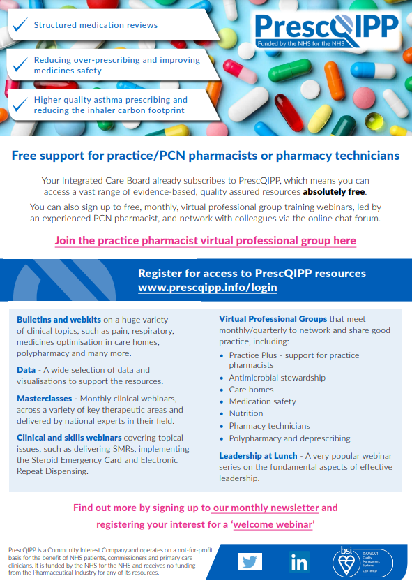 PrescQIPP support for practice and PCN pharmacy teams