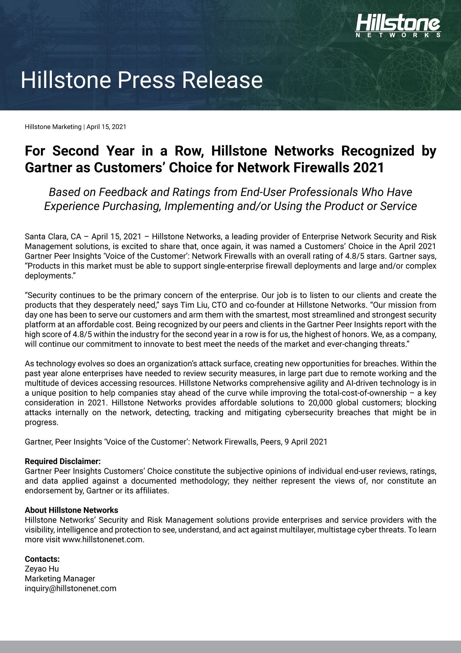 For Second Year in a Row, Hillstone Networks Recognized by Gartner as Customers’ Choice for Network Firewalls 2021