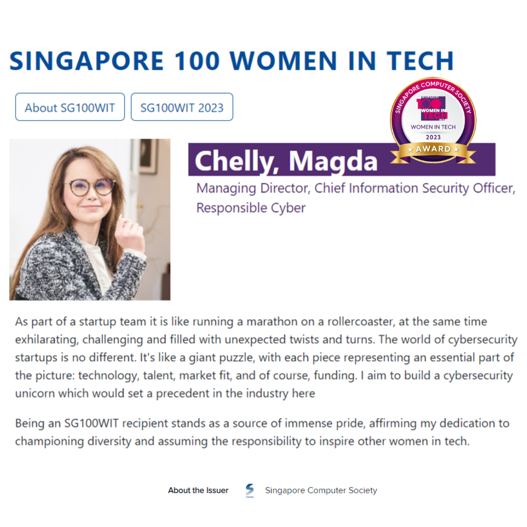 Dr. Magda Chelly, Co-founder of Responsible Cyber, Illuminates Singapore's Tech Stage with SG100WIT Recognition