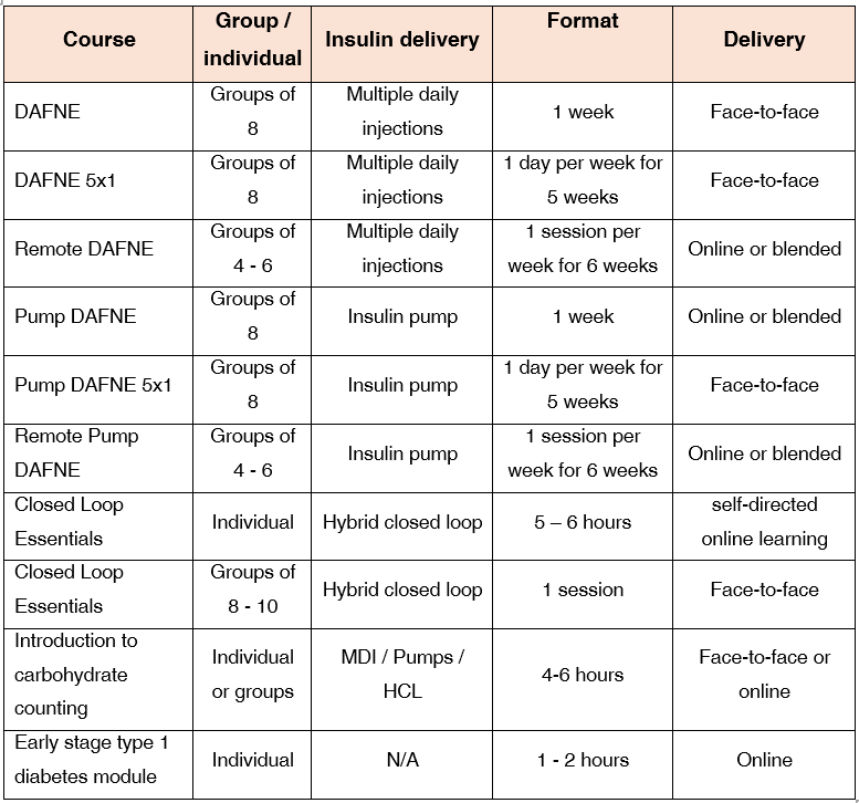 Table 1: The DAFNE portfolio for people with type 1 diabetes