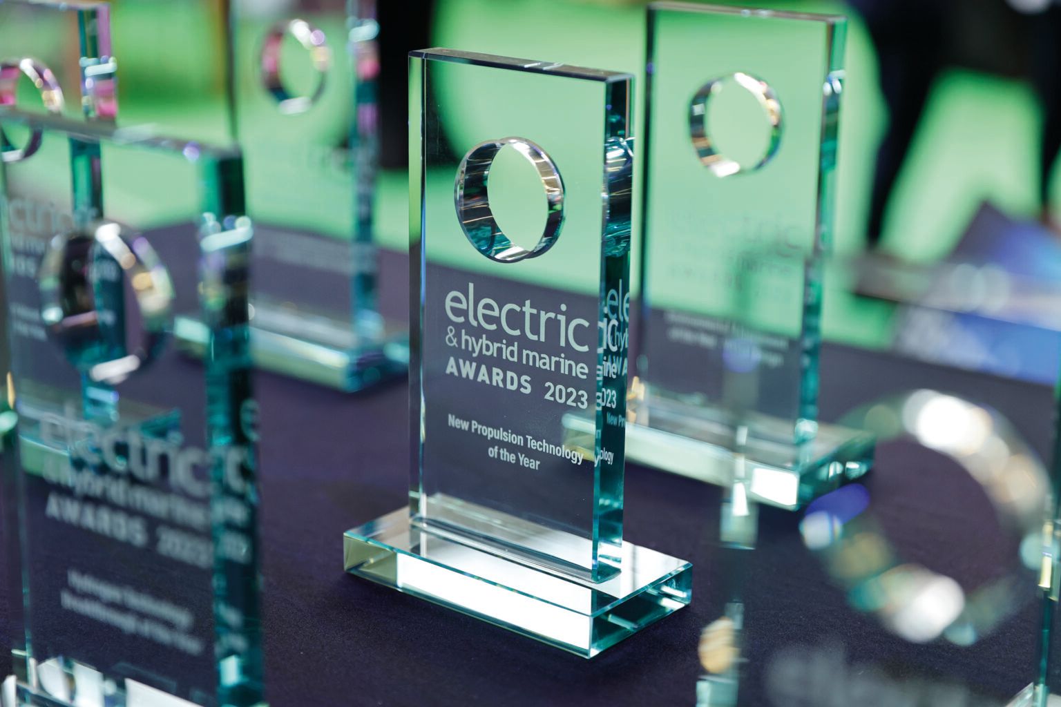 Photo shows trophies for Electric & Hybrid Marine Awards