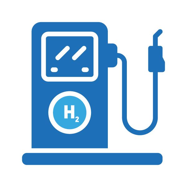 A purple petrol pump with a h2 hydrogen symbol on the face to represent hydrogen fuel