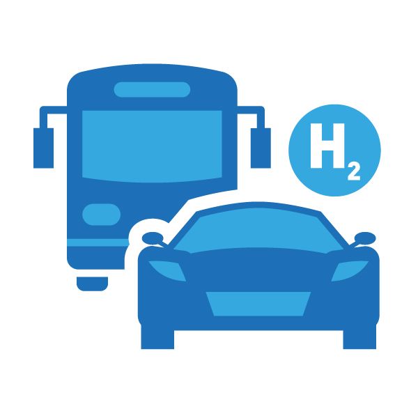 a purple car and bus with the H2 symbol above them representing hydrogen powered vehicles 