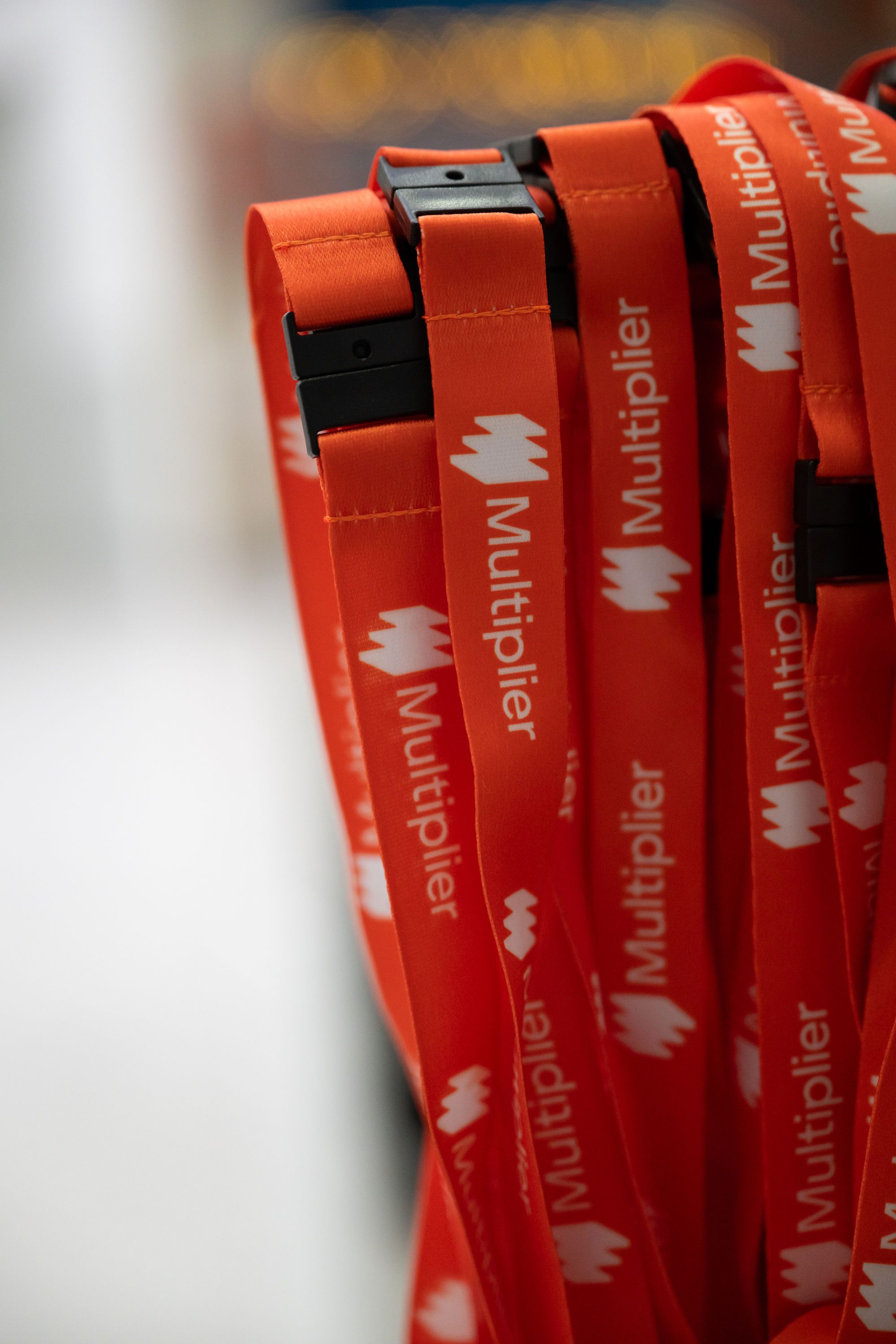 Sponsored lanyards hanging in the entrance to HR Technologies UK