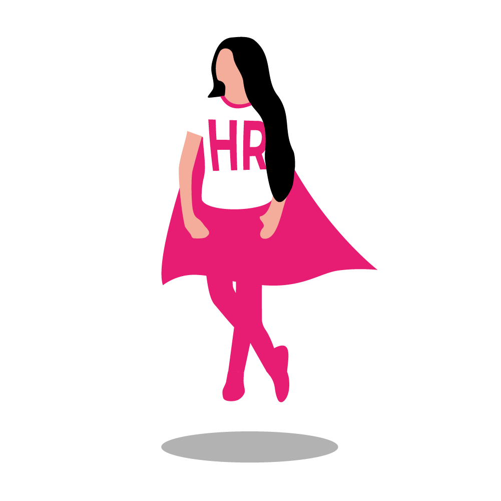 An illustration of a superhero with a white top, pink cape and leggings, and a pink 'HR' emblem on her chest.