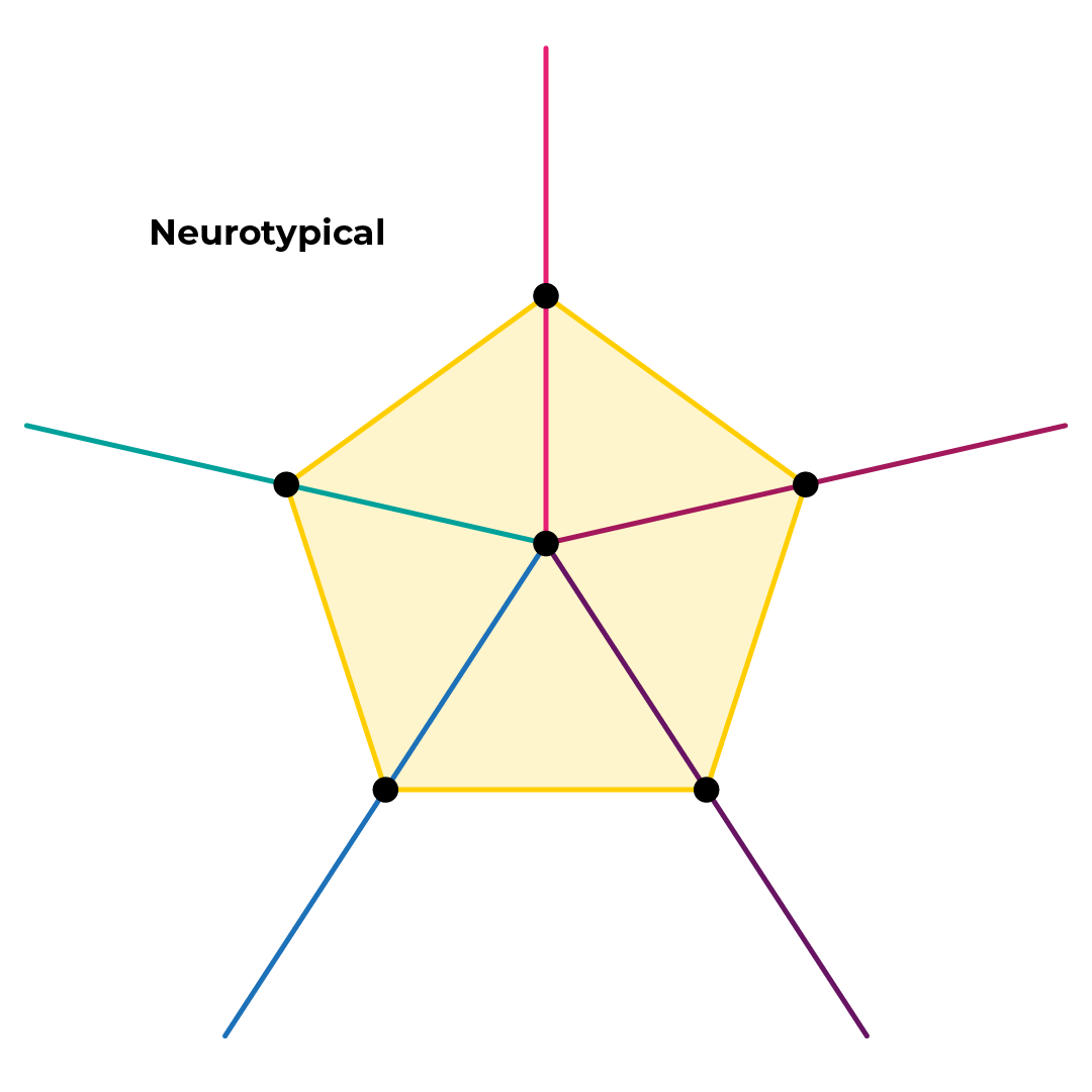 A map with 5 different scales coming out from the centre, with a pentagon connecting each of their midpoints. Labelled 'Neurotypical'