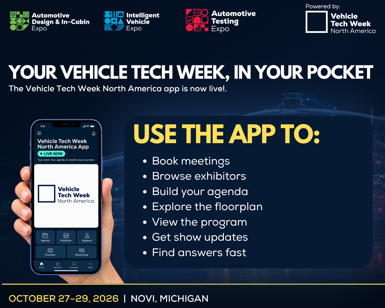 Person holding a phone with the Vehicle Tech Week app open
