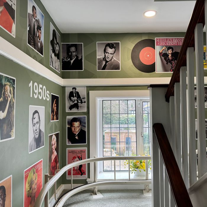 Bespoke films and music timeline mural design in care home hallway