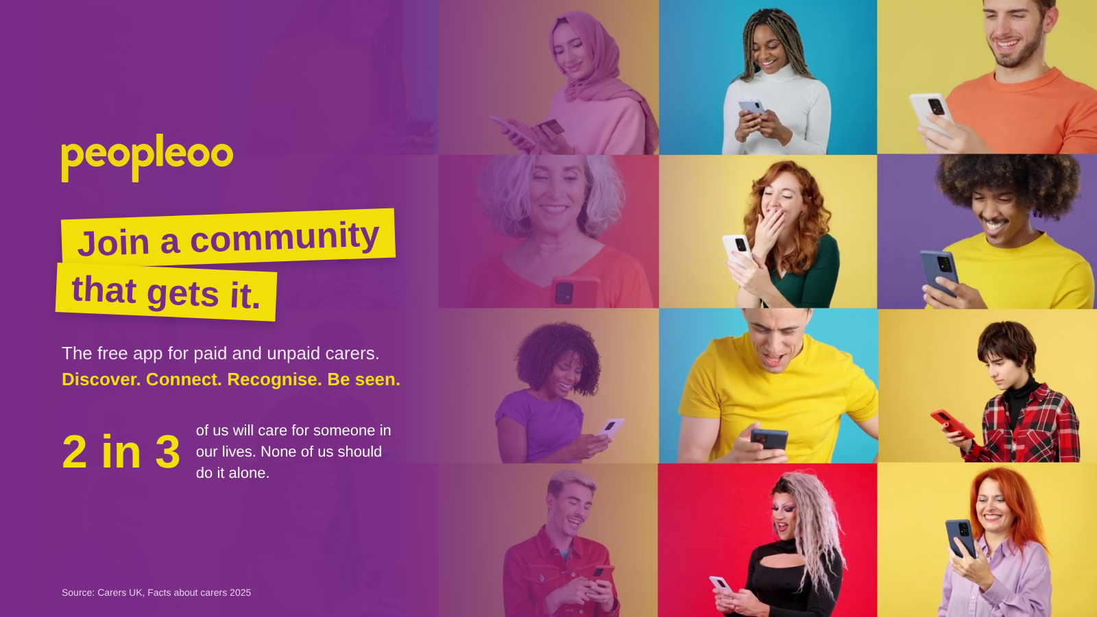 Paid and unpaid carers connecting and smiling together, representing the Peopleoo caring community