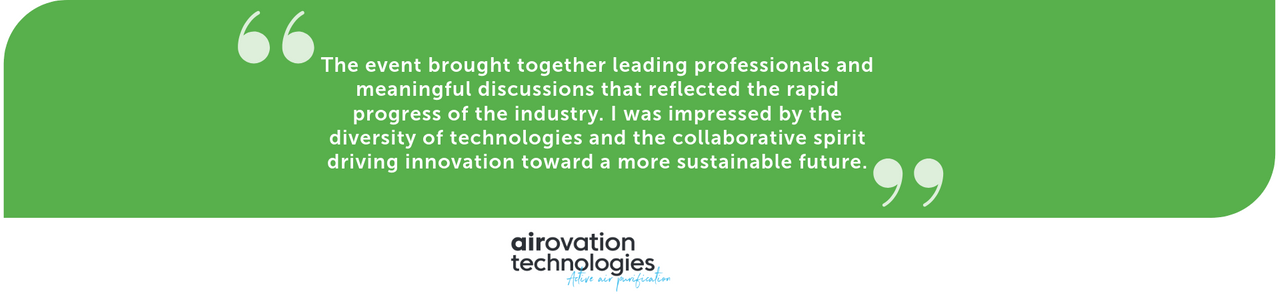 Testimonial for the carbon capture tech expo on a green background with Airovation logo beneath it 