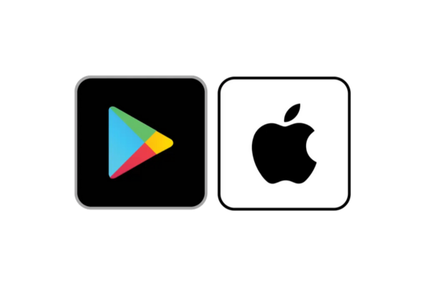 Google Play Store logo next to Apple logo on black background.