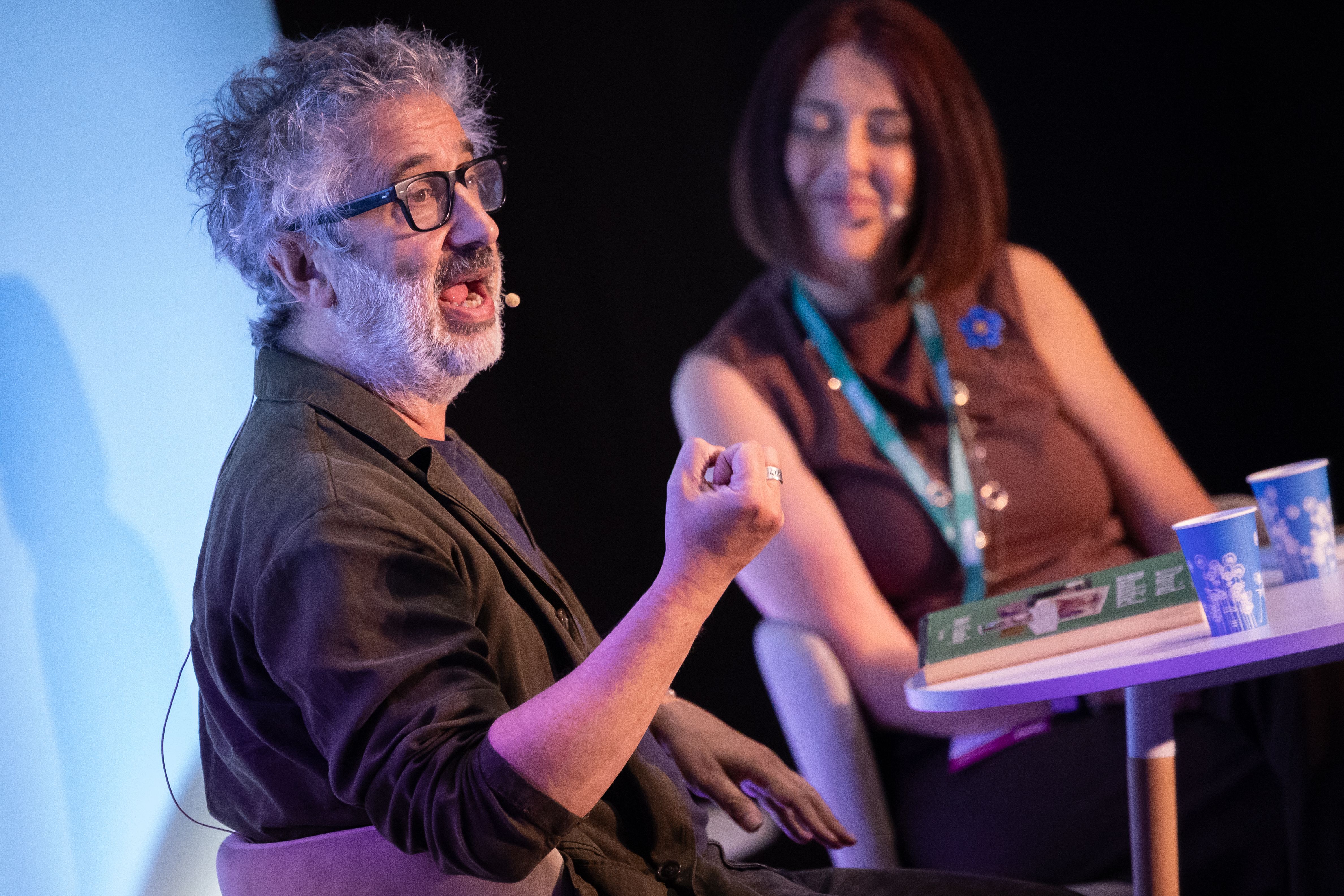David Baddiel speaking with Kate Lee