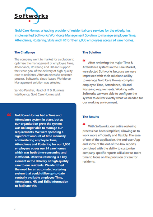 Case Study- Gold Care Homes rolls out Softworks Time & Attendance, Rostering and HR Management Solution for their 2,000 employees