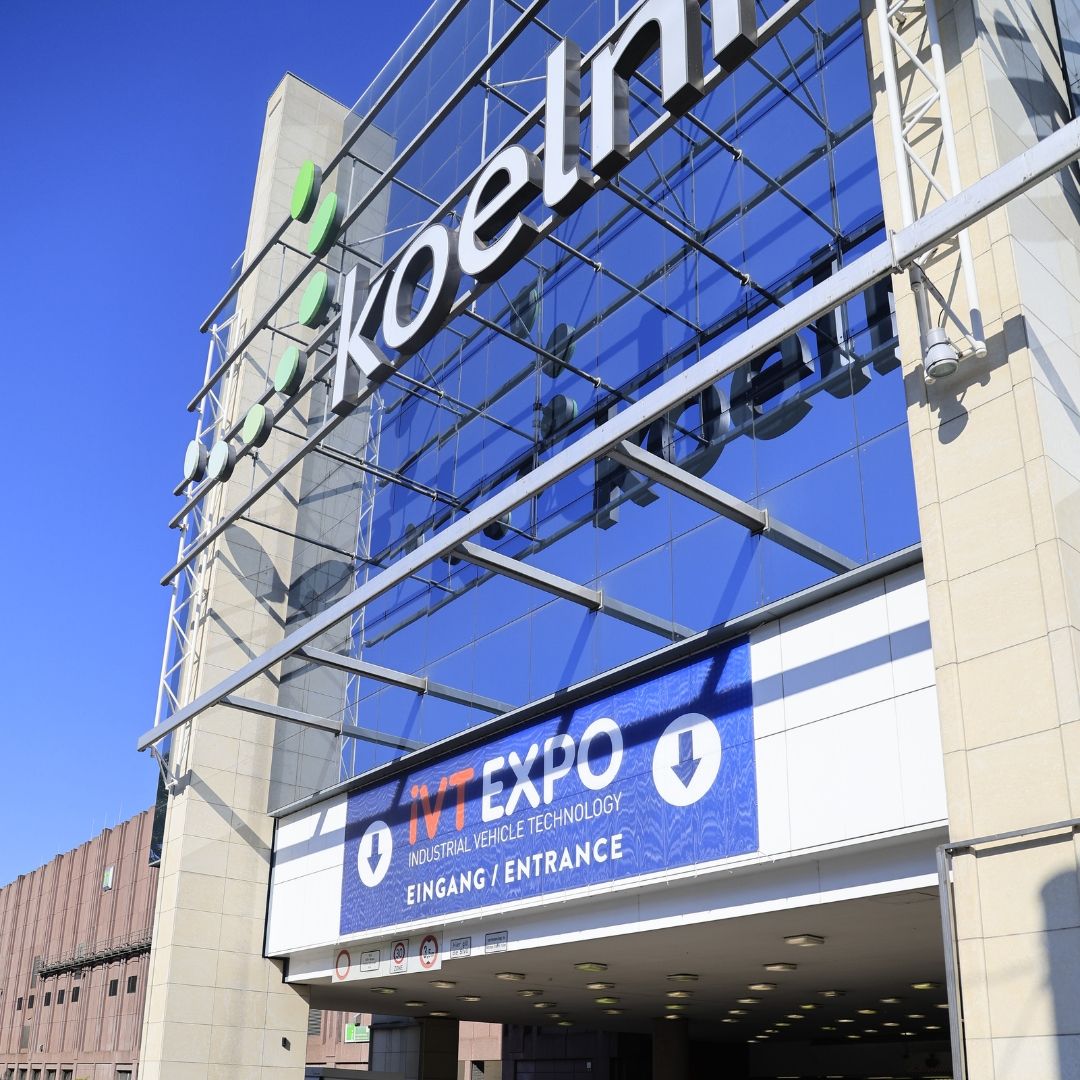 Photo shows Köln Messe with a large iVT Expo sign above the entrance