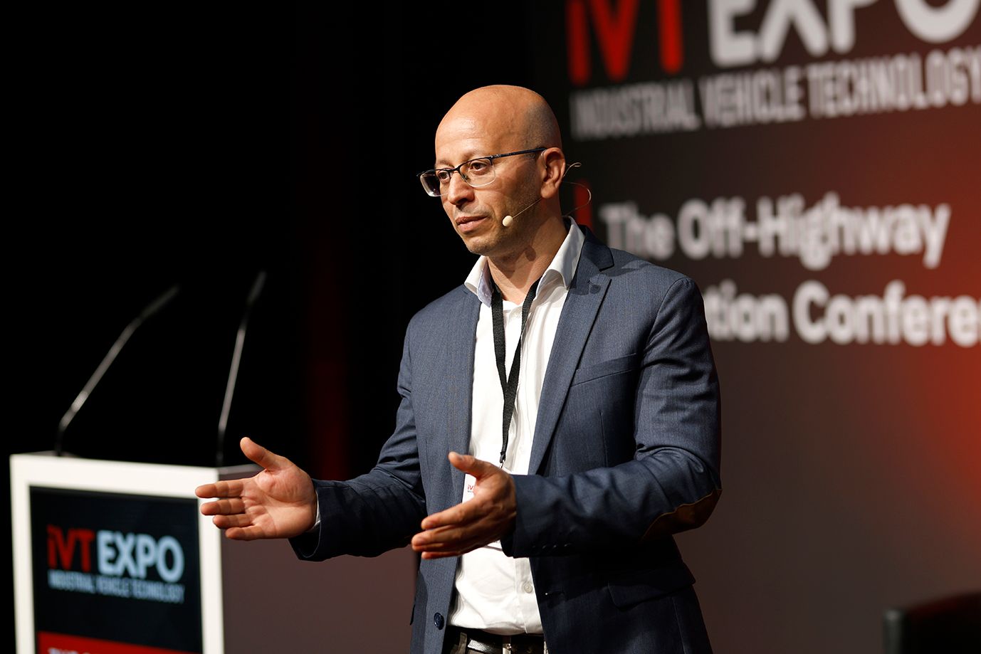 Photo shows Ahc&egrave;ne Nedjimi from Volvo Construction Equipment speaking at the Off-Highway Evolution Conference