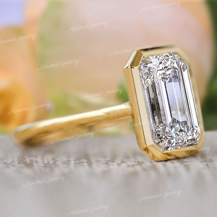 9CT Emerald bezel ring large solitaire Emerald cut moissanite engagement ring big diamond ring bezel set Emerald cut engagement ring wedding