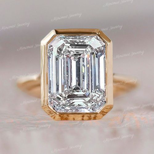 9CT Emerald bezel ring large solitaire Emerald cut moissanite engagement ring big diamond ring bezel set Emerald cut engagement ring wedding