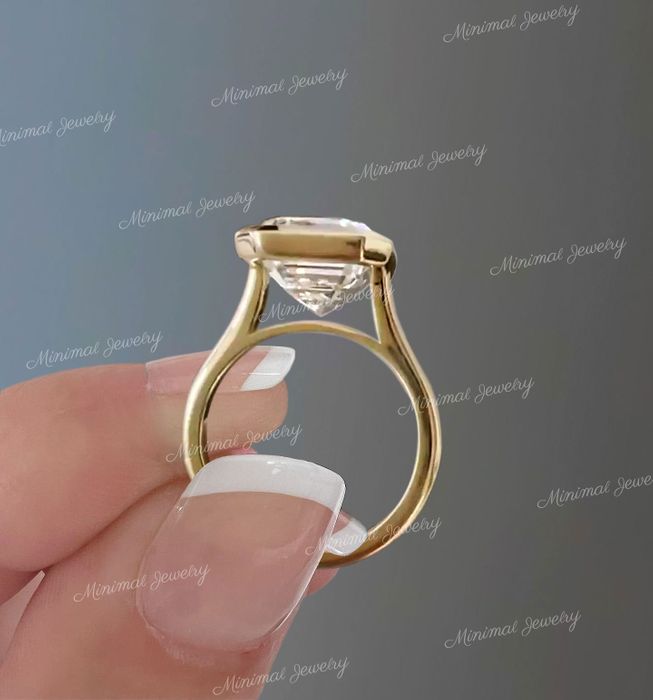 9CT Emerald bezel ring large solitaire Emerald cut moissanite engagement ring big diamond ring bezel set Emerald cut engagement ring wedding