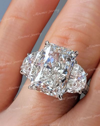 Radiant cut moissanite engagement ring 7.8 CT Three stone half moon&large crushed ice moissanite radiant cut engagement ring wedding ring