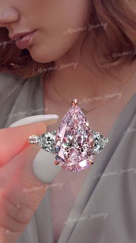 6.6 CT luxury pink moissanite pear shaped engagement ring,large Three stone pink pear ring,unique celebrity style,big cocktail wedding ring