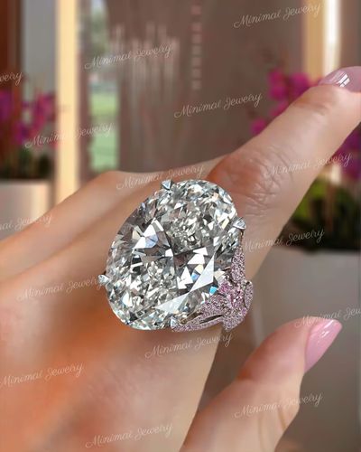 13.9 CT Large Oval moissanite engagement ring,unique Big oval solitaire celebrity style,edwardian Art deco pink accent,cocktail wedding ring