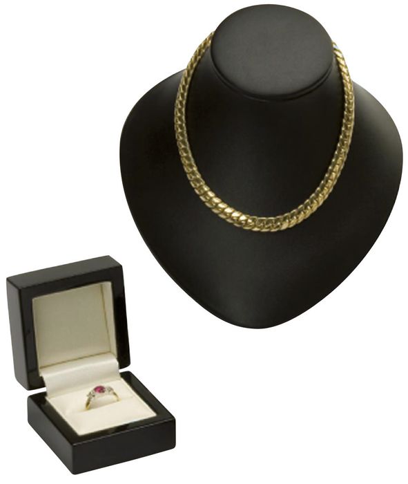 Black Consort Ring box with Black Leatherette Neck Stand