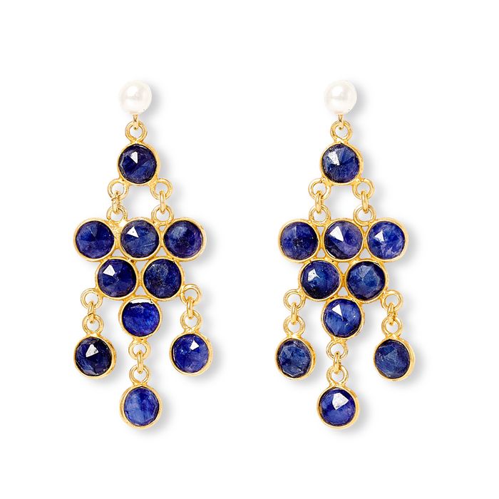 Pearl drop chandelier earrings with sapphire drops