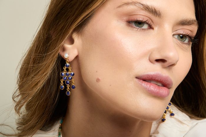 Pearl drop chandelier earrings with sapphire drops