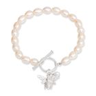 Oval white cultured freshwater pearl set with sterling silver bumble bee