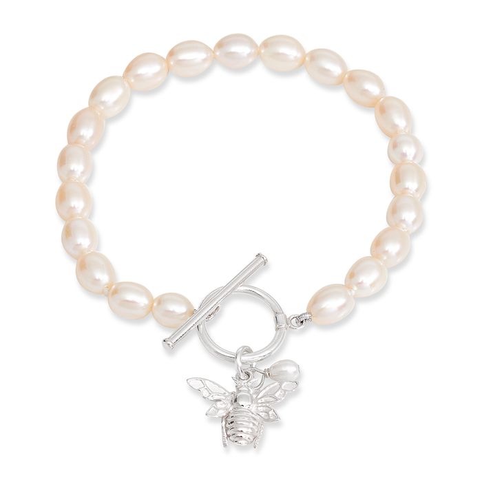 Oval white cultured freshwater pearl set with sterling silver bumble bee