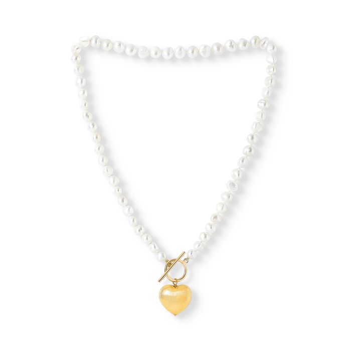 Cultured freshwater pearl necklace and bracelet set with gold vermeil heart