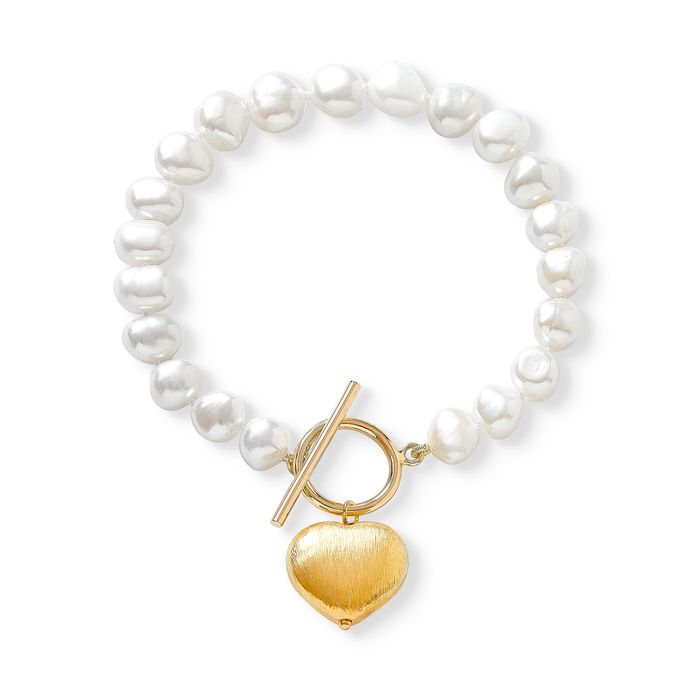 Cultured freshwater pearl necklace and bracelet set with gold vermeil heart