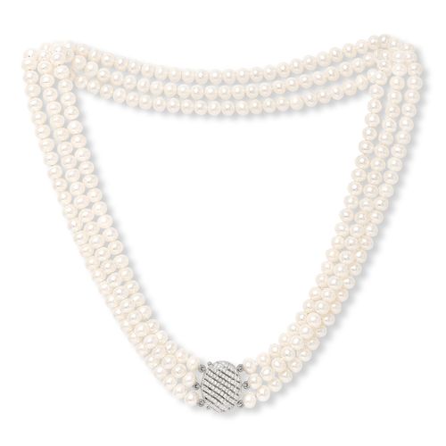 Triple strand cultured freshwater pearl necklace with oval pave clasp