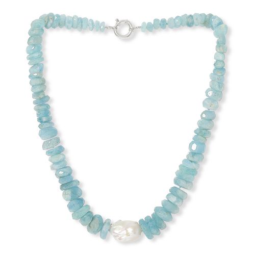 Chunky graduated aquamarine necklace with central baroque cultured freshwater pearl