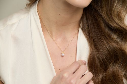 Gold plated sterling silver chain necklace with bar & cultured freshwater pearl
