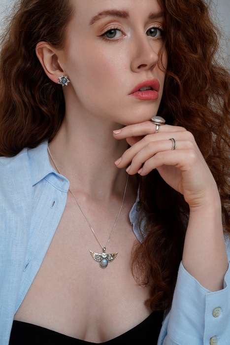 Silver Flying Owl Necklace with Moonstones