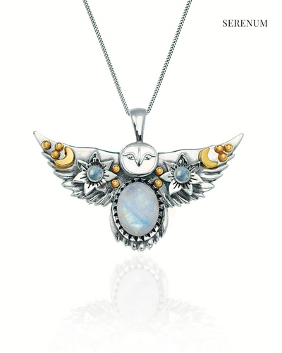 Silver Flying Owl Necklace with Moonstones