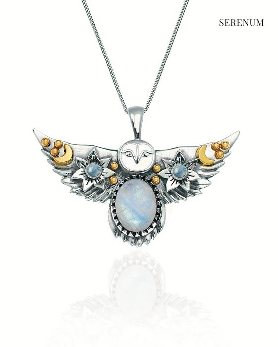 Silver Flying Owl Necklace with Moonstones