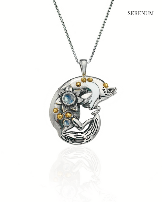 Silver Sleeping Fox Necklace with Moonstones