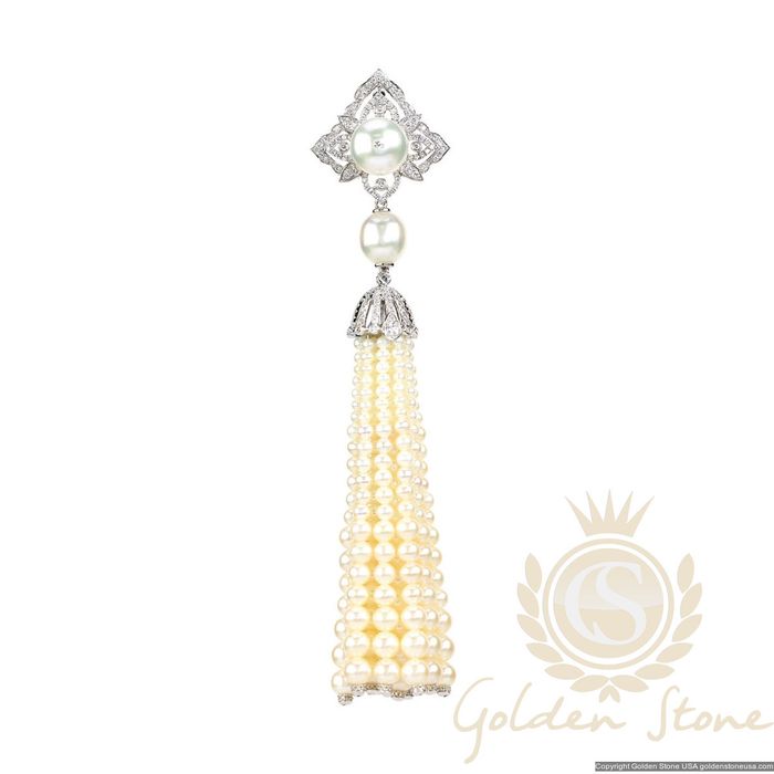 Freshwater Pearl Diamond Tassel Necklace and Earrings in 18K White Gold