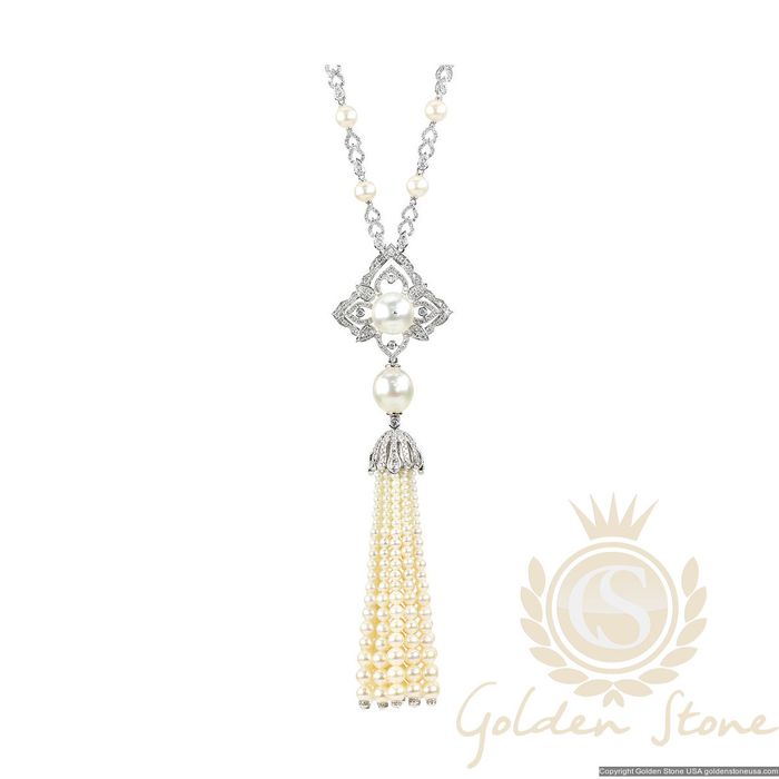 Freshwater Pearl Diamond Tassel Necklace and Earrings in 18K White Gold