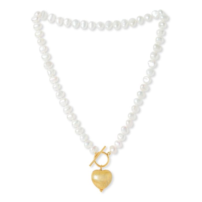 Cultured freshwater pearl necklace & bracelet with gold vermeil heart