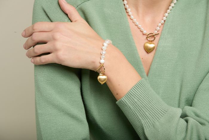 Cultured freshwater pearl necklace & bracelet with gold vermeil heart