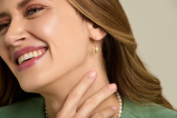 Gold vermeil bumble bee earrings with cultured freshwater pearls