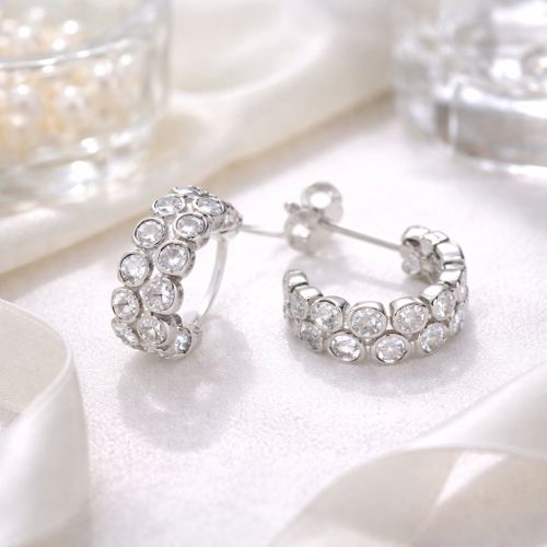 Silver & Cubic Zirconia Bubbled Half Hoop Earrings
