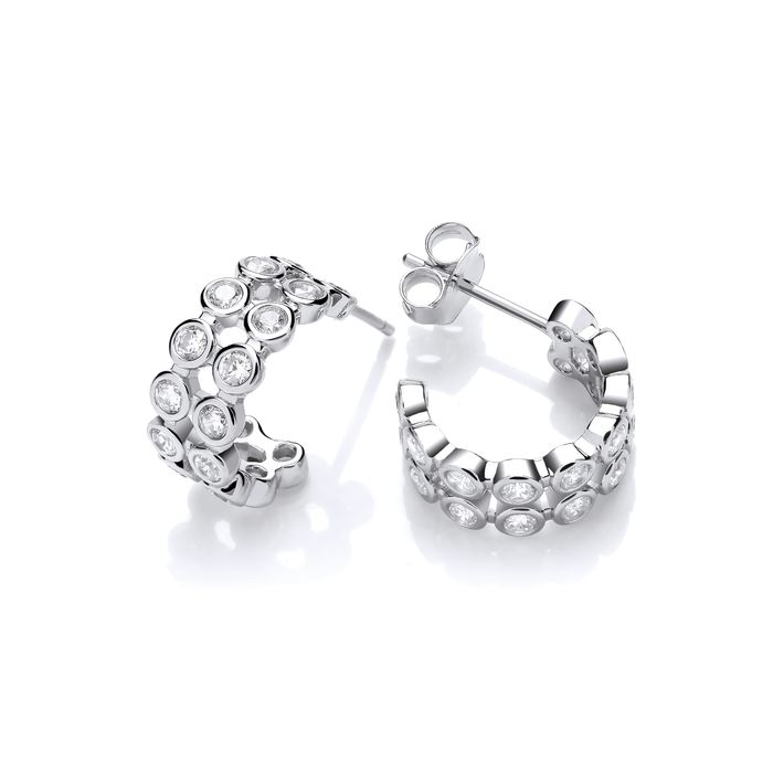 Silver & Cubic Zirconia Bubbled Half Hoop Earrings